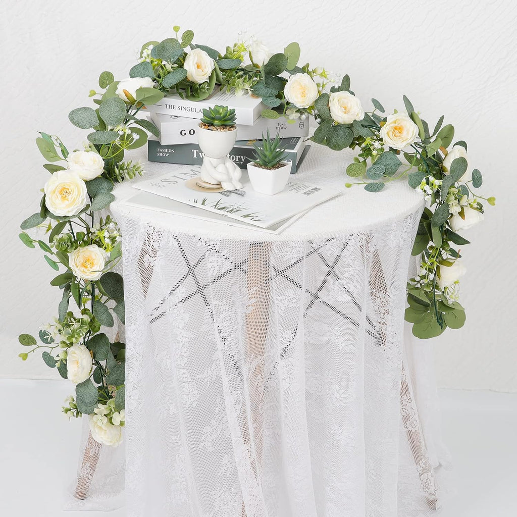 Artificial Eucalyptus Flower Garland with White Roses - Set of 4
