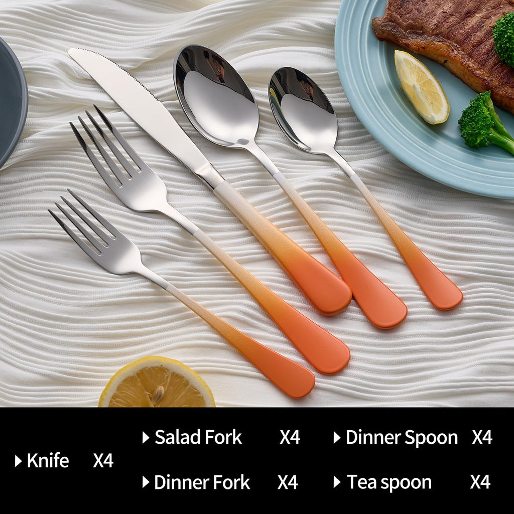 20-Pieces Color Silverware Sets for 4,Orange and white Handle Stainless Steel Cutlery Set, Include Forks Spoons and