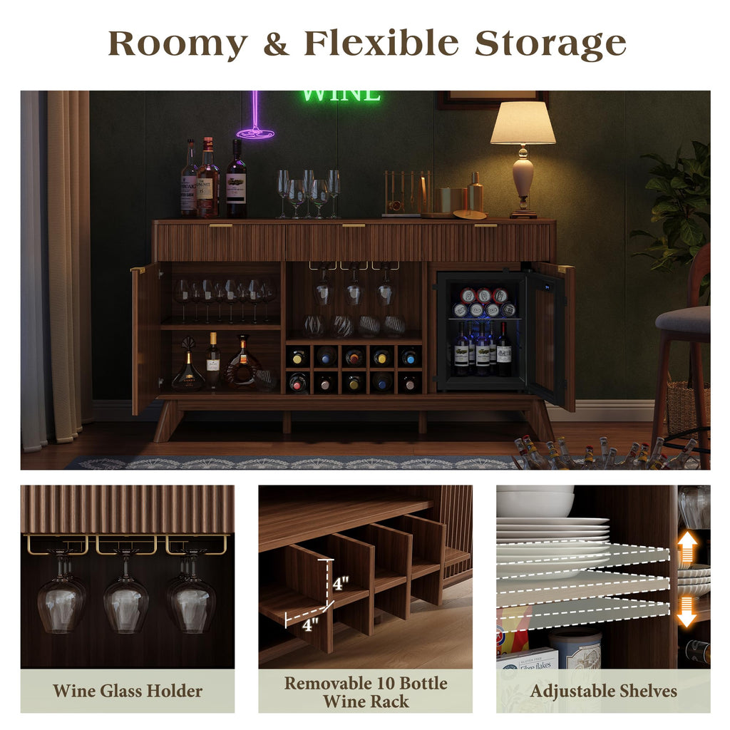60" Wine Bar Cabinet, Coffee Bar Cabinet with Fridge Included, Walnut