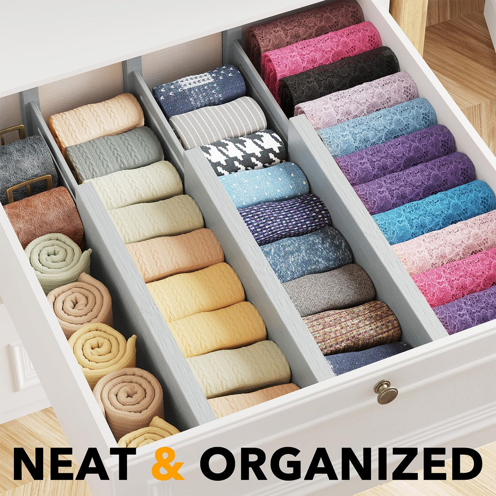 Bamboo Dresser Drawer Dividers 6 Pack, 4.65" High Adjustable 12.5"-17" Drawer Organizers, Expandable Organization for