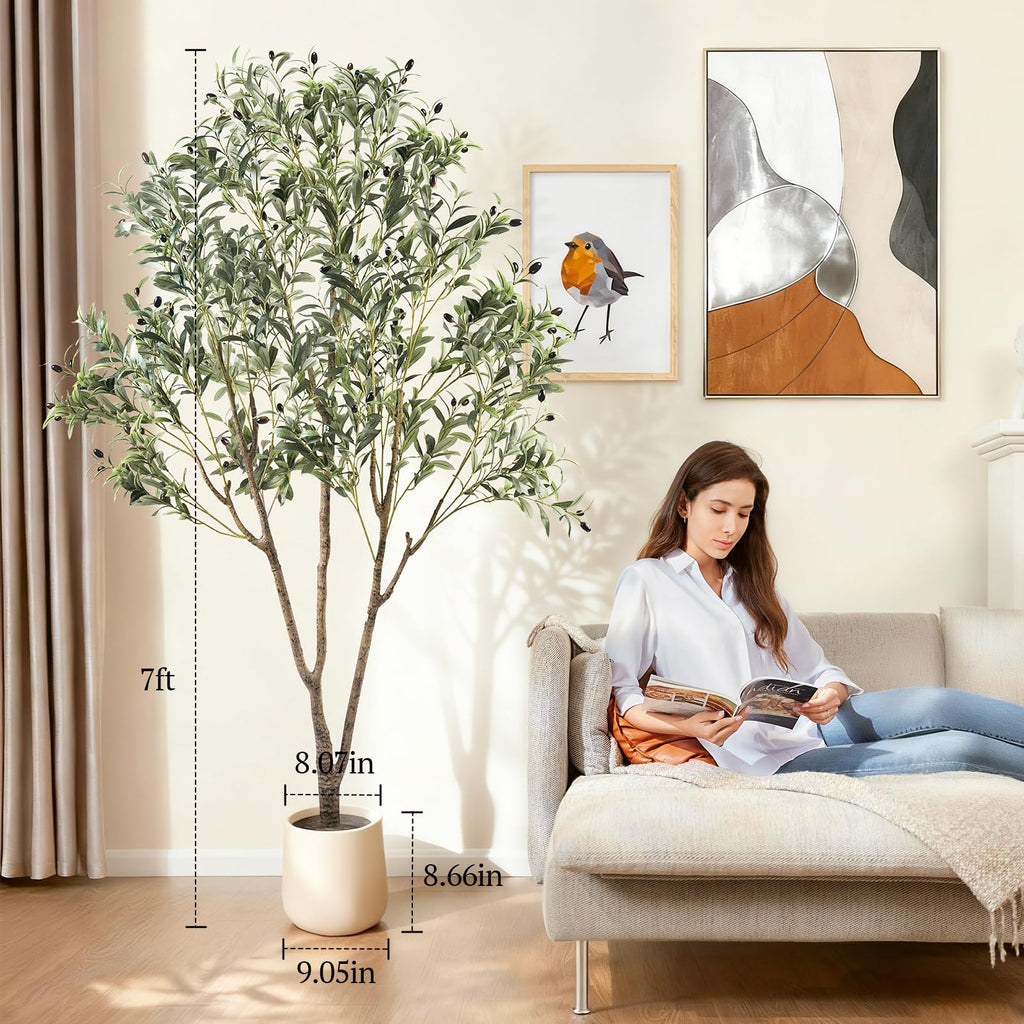 Large Olive Trees Artificial Indoor 7FT, Upgraded Faux Olive Tree with Realistic Leaves and Fruits, Heavy Base