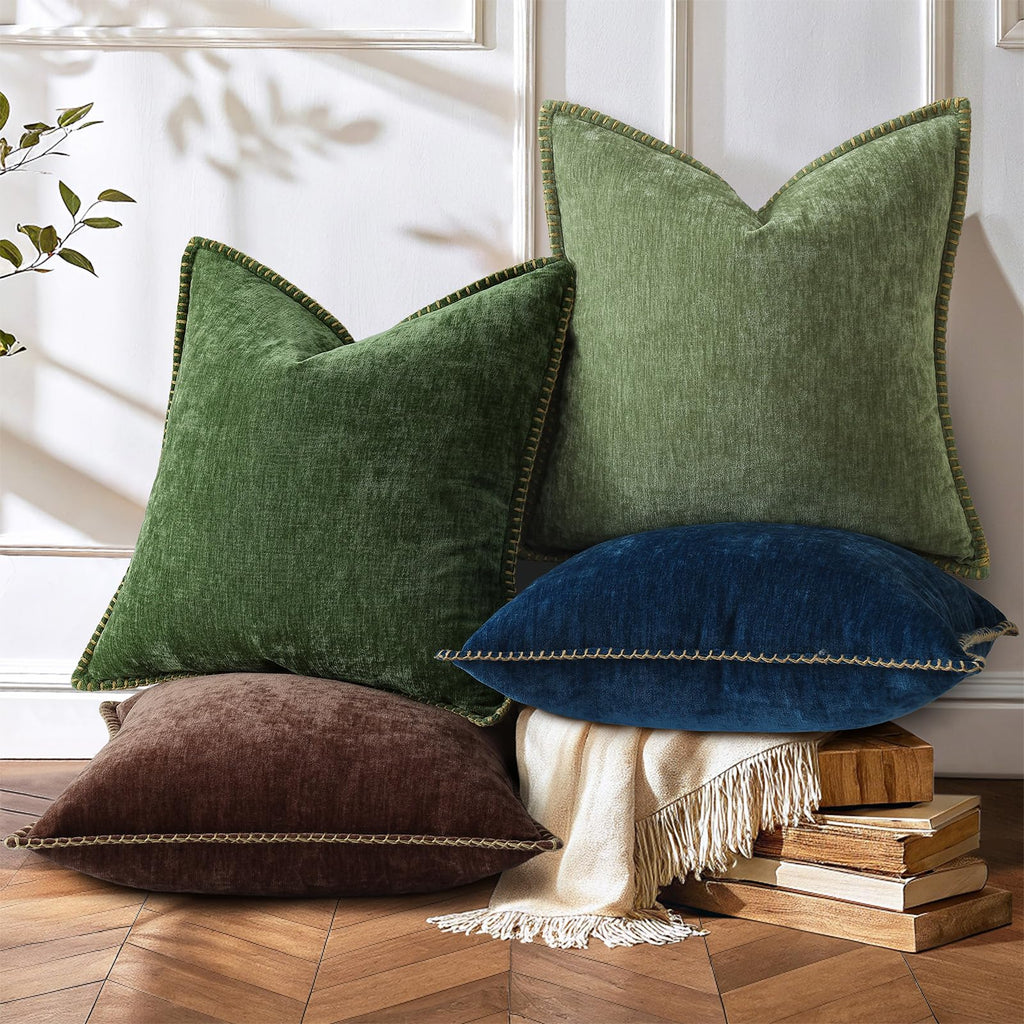 Soft Chenille Throw Pillow Covers 26x26 Set of 2 Olive Green