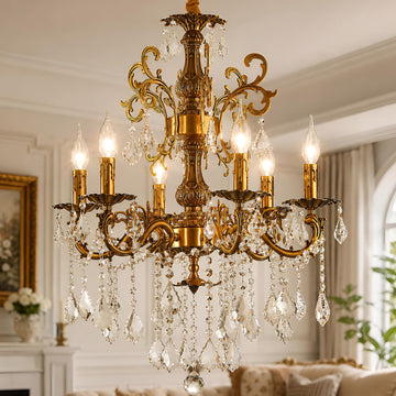Vintage 6 Arms Crystal Chandelier Candle Light Fixture Living Room Bedroom Hallway Entryway Antique Gold Finish