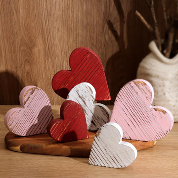 Valentines Day Tiered Tray Decor: Red Pink White Rustic Distressed Wood Heart Table Decorations Sign, Vintage - Set of 6