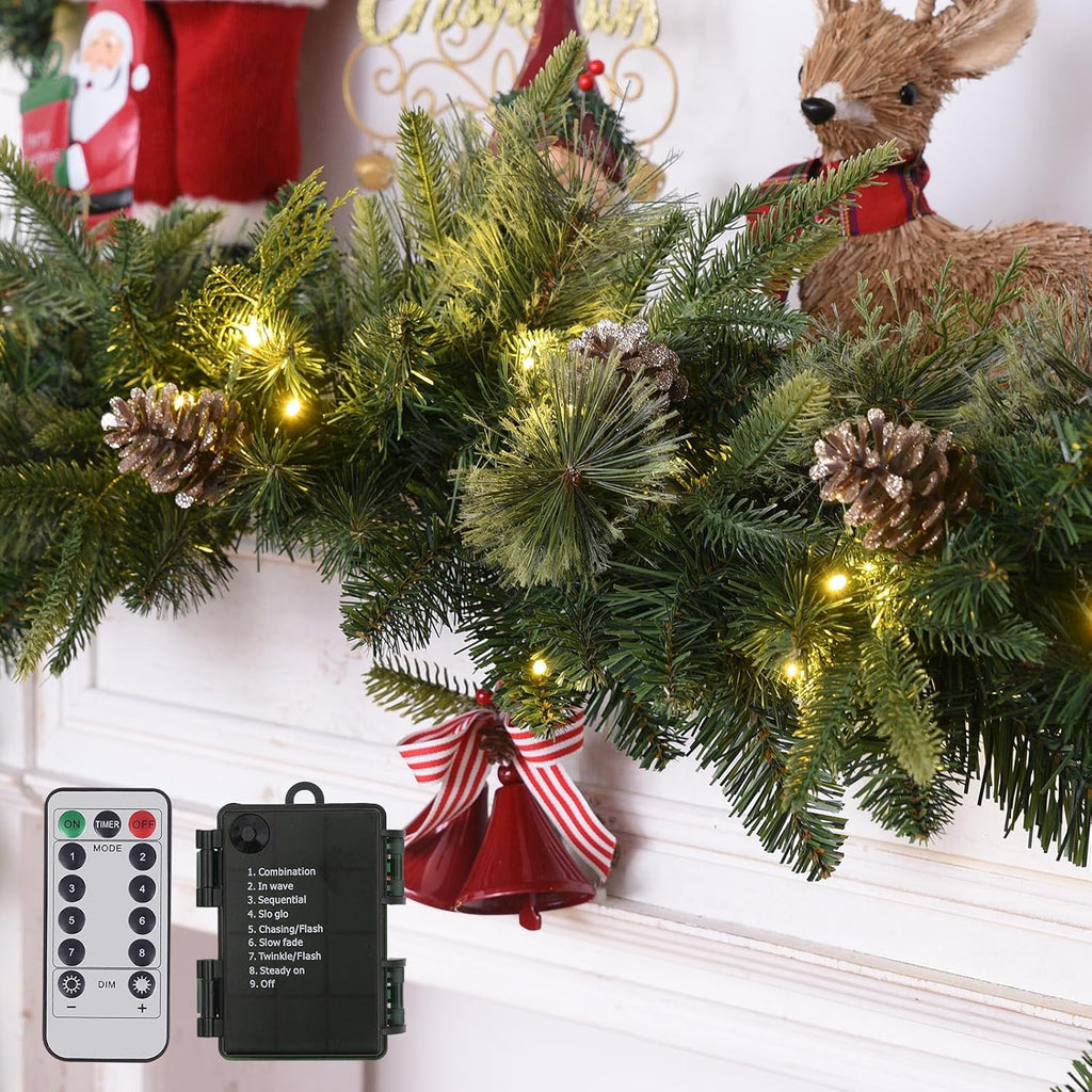 Pre-lit Christmas Garland with Lights 9FT 80LED Lighted Garland with Timer Faux Artificial Wreath Lights with Remote