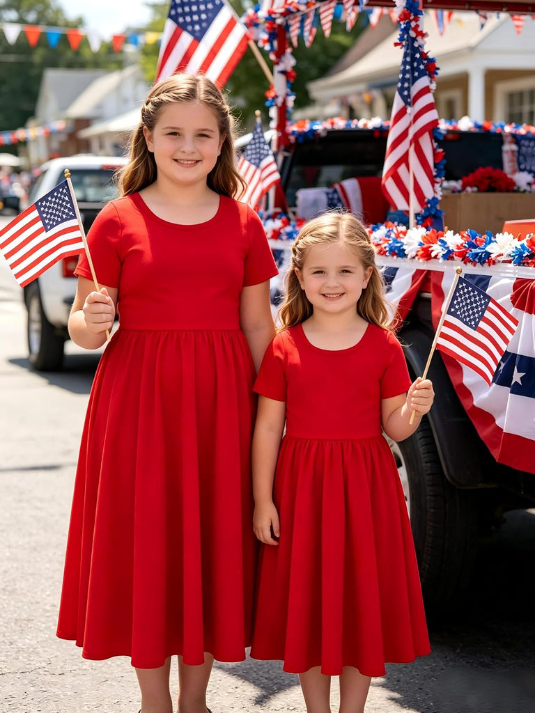 Girl Short Sleeve Dress Cotton A-Line School Dress with Pockets