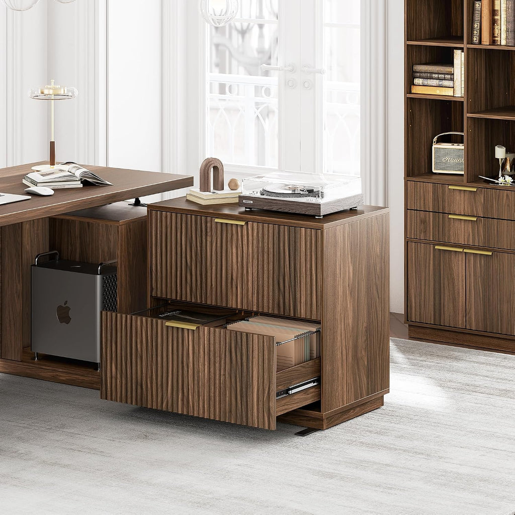 Fluted 2 Drawer Lateral File Cabinet, Black Walnut | 32'' Wood Filing Cabinet , Fits for Legal/Letter/A4 Files