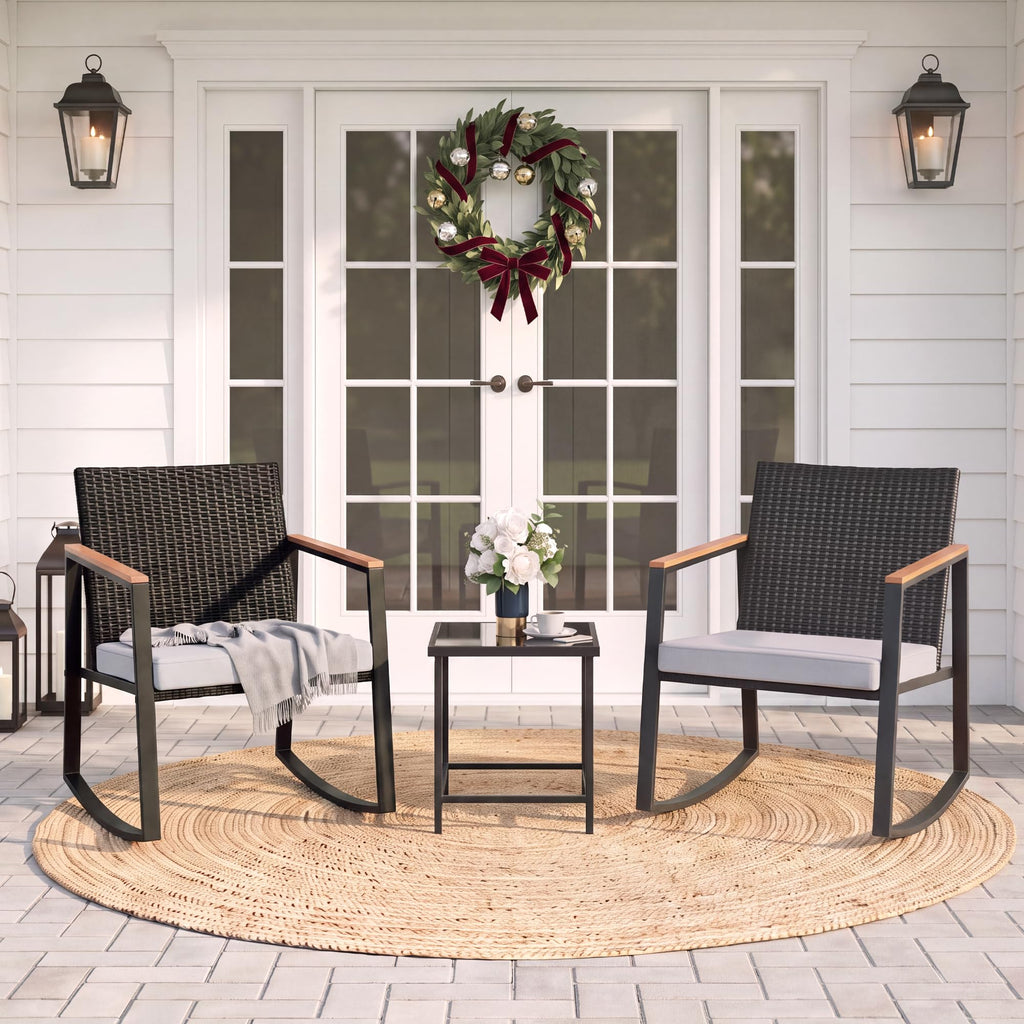 3 Pieces Rocking Patio Bistro Set with Anti-Scald Armrest