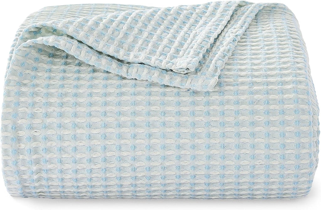 Lightweight Cotton Waffle Throw Blanket, Modern Two-Tone Check Pattern, Soft & Breathable, All Seasons - Light