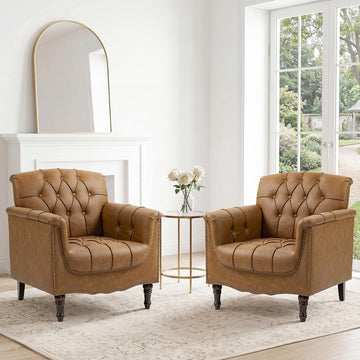Faux Leather Accent Chairs, Comfy Club Armchair, Camel - Set of 2