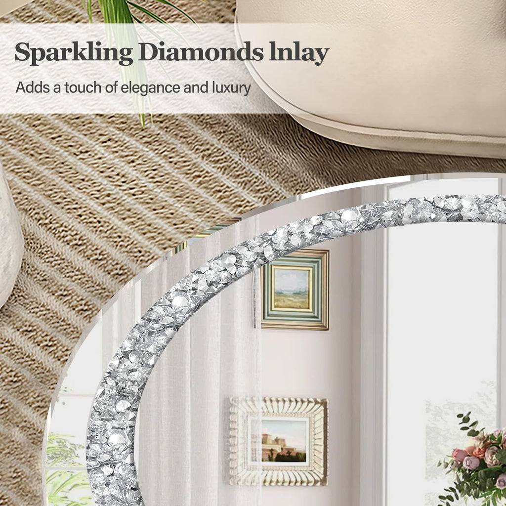 Silver Mirrored Coffee Table with Crystal Inlay, Round Glass Tea Table with Mirrored Finish, Modern Center Table