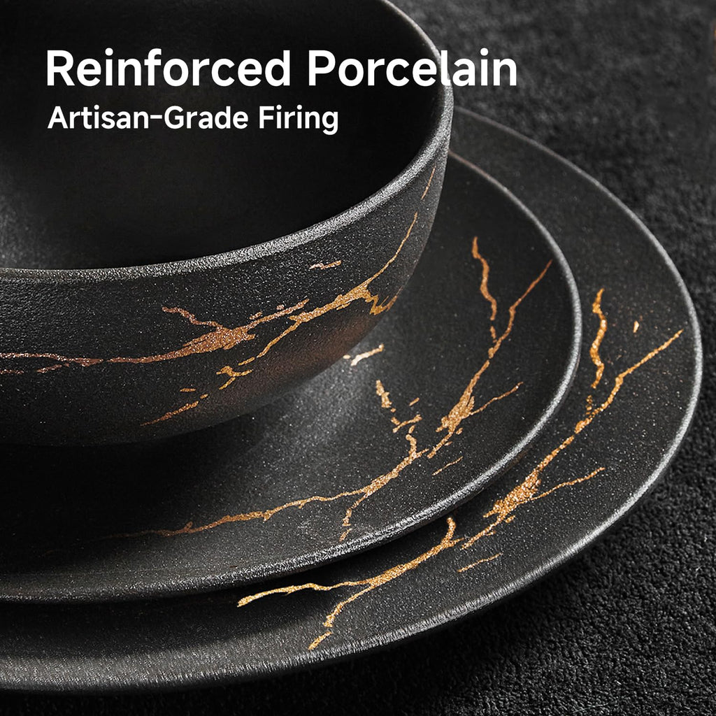 24-Piece Matte Crackle Dinnerware Sets, Black and Gold