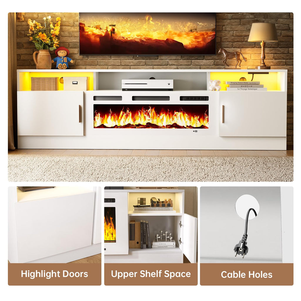 70" with Power Outlet for TVs UP to 80", Electric Fireplace Entertainment Center with LED Lights & Storage Cabinets