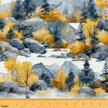 Gold Tree Fabric by The Yard, Autumn Jungle DIY Art Waterproof Fabric, Outdoor Mountain Stone Outdoor Fabric, Natural