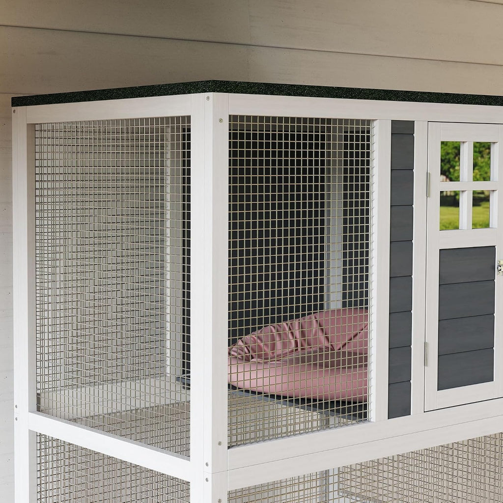 74" Wooden Catio Outdoor Cat Enclosure Weatherproof & Wheeled, Outside Cat House with High Weight Capacity, Kitten
