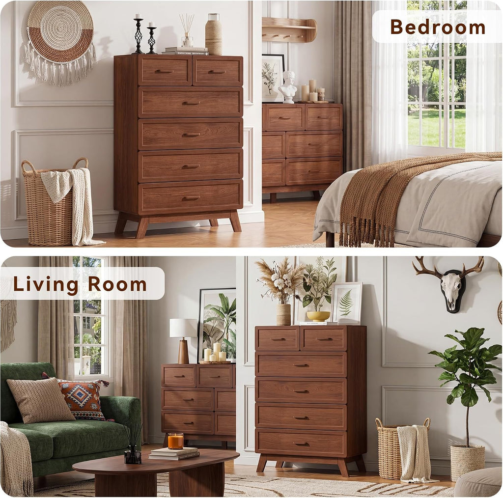 Walnut 6 Drawer Dresser , 47" Tall Chest of Drawers | Rounded Corner Safety Design, Stable 4-Leg Structure, Suitable