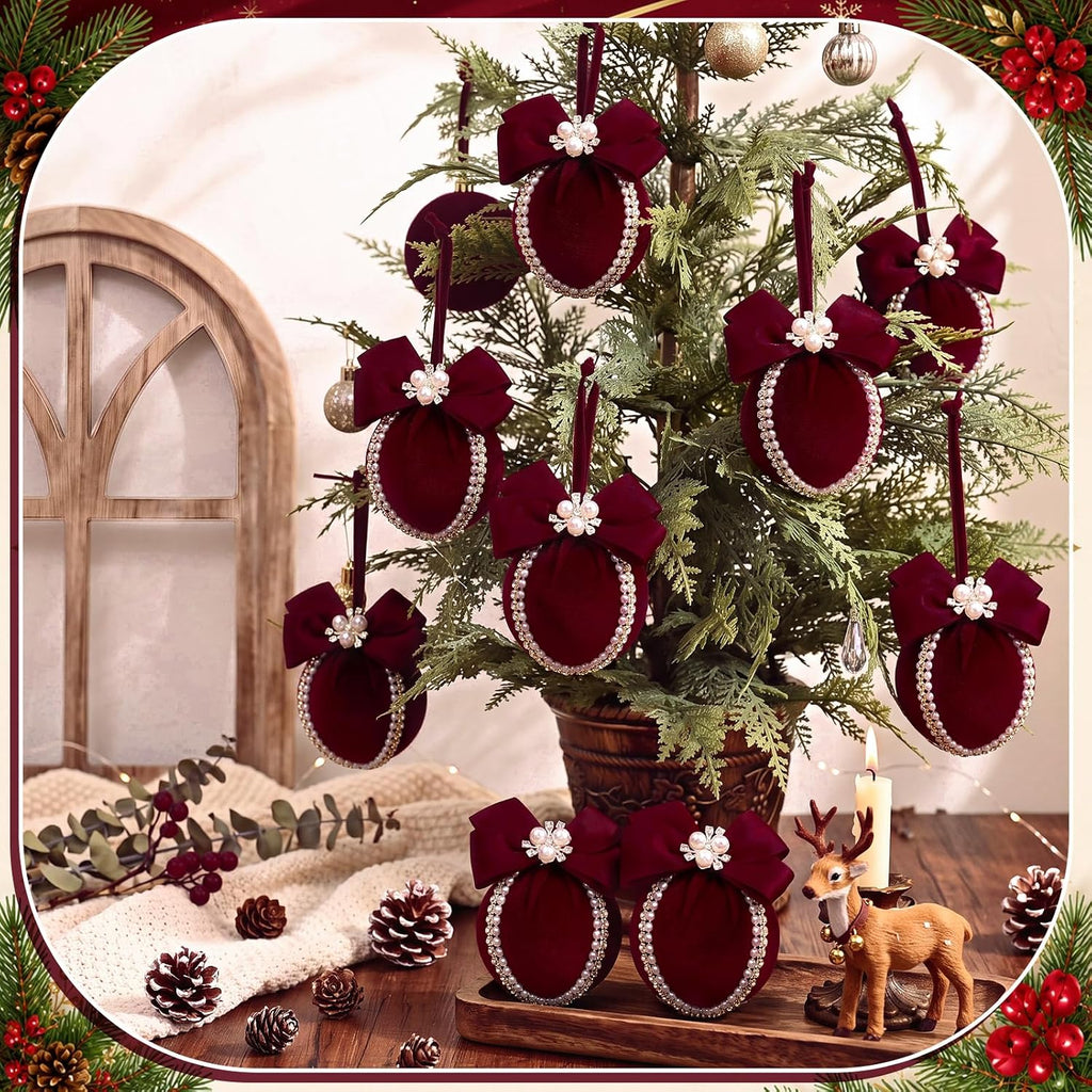 Velvet Christmas Balls Ornaments 2.4" with Pearl Bow, Burgundy Red - Set of 9