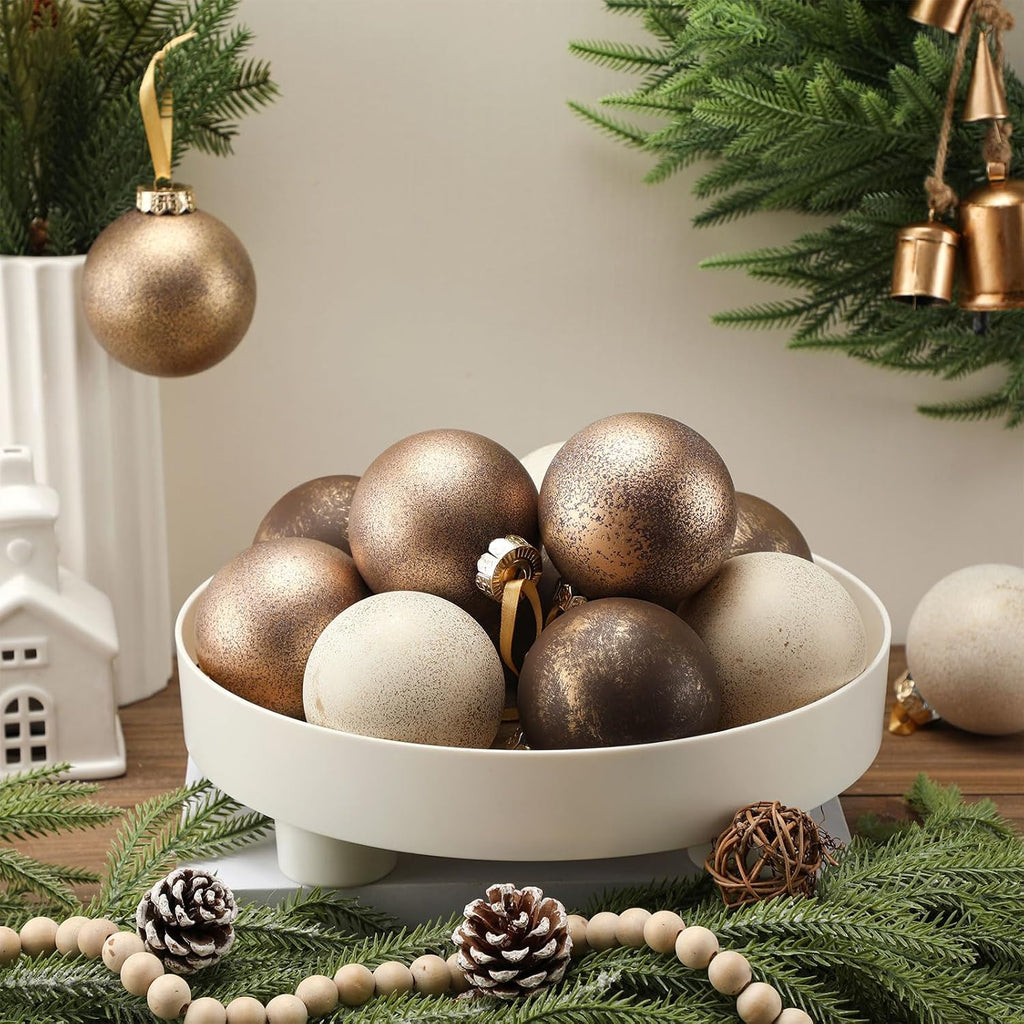 12 Pcs Neutral Christmas Ornaments, 3.15'', Ivory Gold Bronze