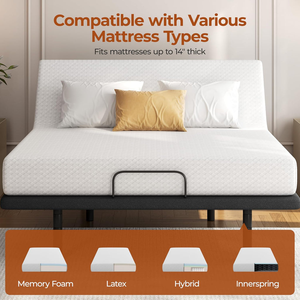 Queen Adjustable Bed Frame,w/Wireless Remote,Massage Function,Nightlight,4 Height-Adjustable Legs,Head & Foot