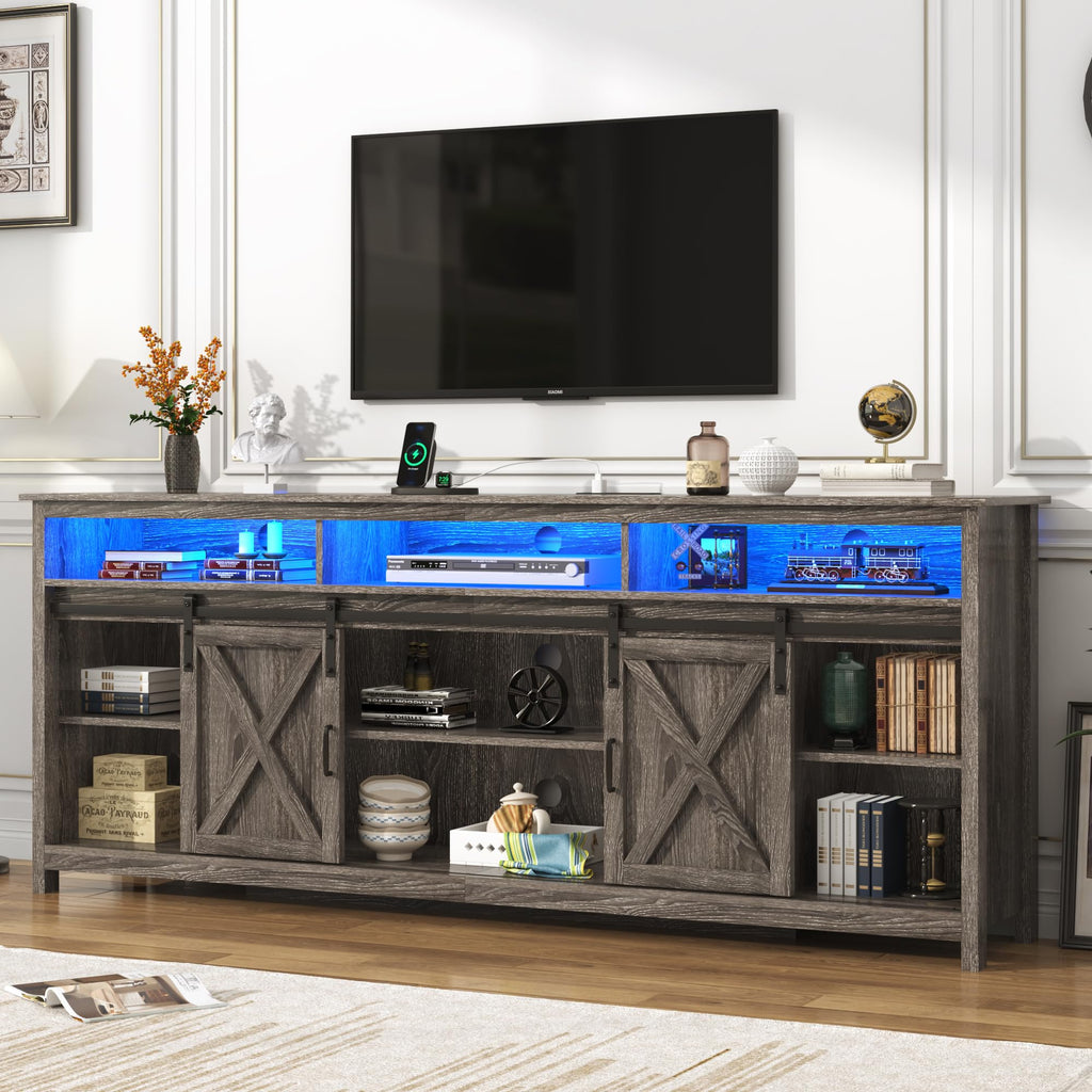 Farmhouse TV Stand for 90/85 inch TVs, Rustic Entertainment Center TV Cabinet Stands with Power Outlets, Grey