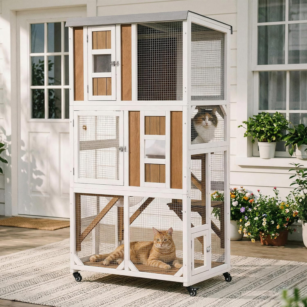 63.5" H Outdoor Cat Enclosure, Wooden Window Catio with Wheels