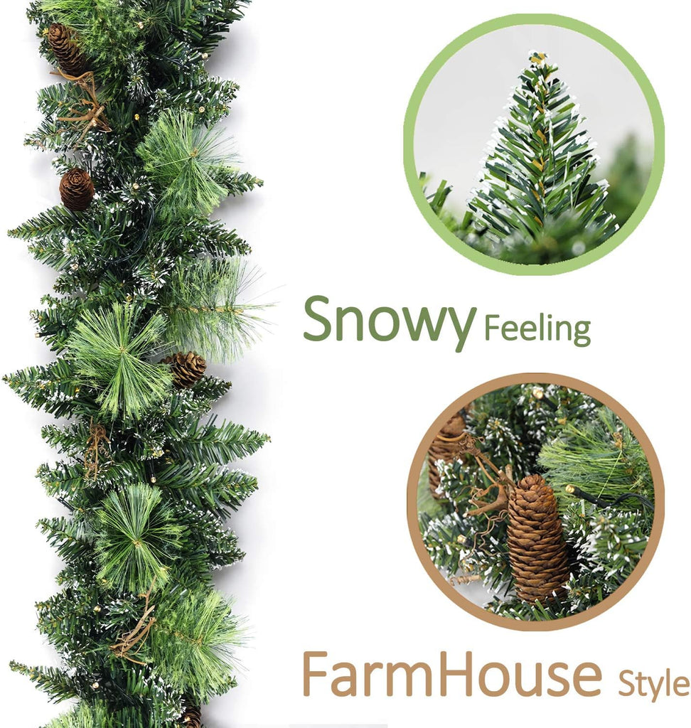 Christmas Garland Prelit 9 Ft Battery Operated with 50 Led Lights, Pine Cone and Snow Style Xmas Garland, Christmas