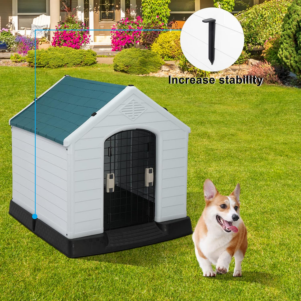 Plastic Dog House, 26" L x 29" W x 28" H Pet Dog Kennel with Door for Small Medium Sized Dogs Water Resistant, Indoor