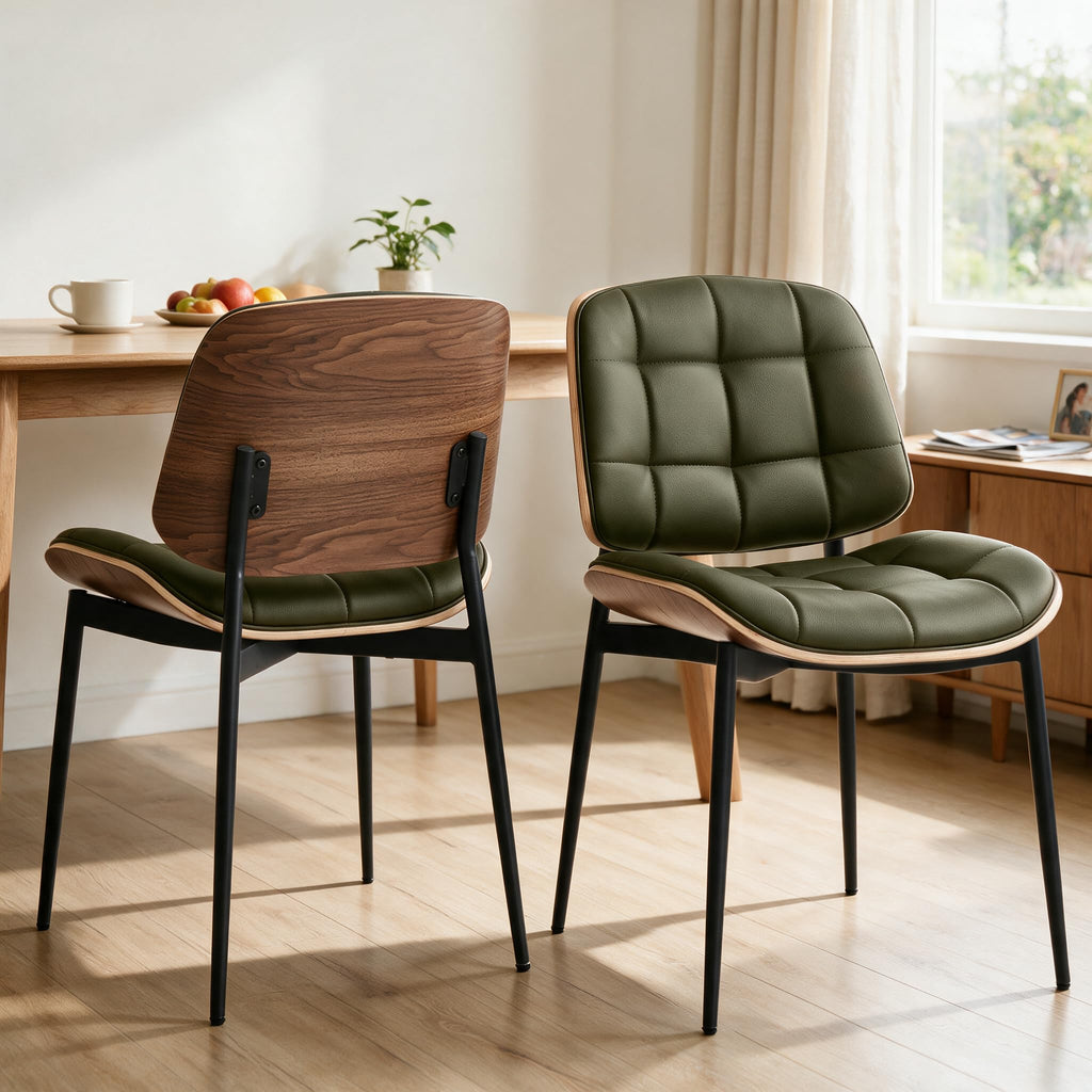 Mid Century Modern Dining Chairs with Walnut Grain Back, Green Faux Leather Dining Room Chairs Set of 4, Checkered