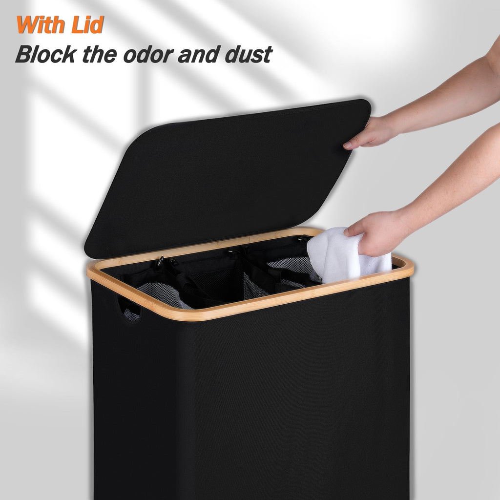 Laundry Hamper 3 Section with lid and 3 Removable Bags, Black