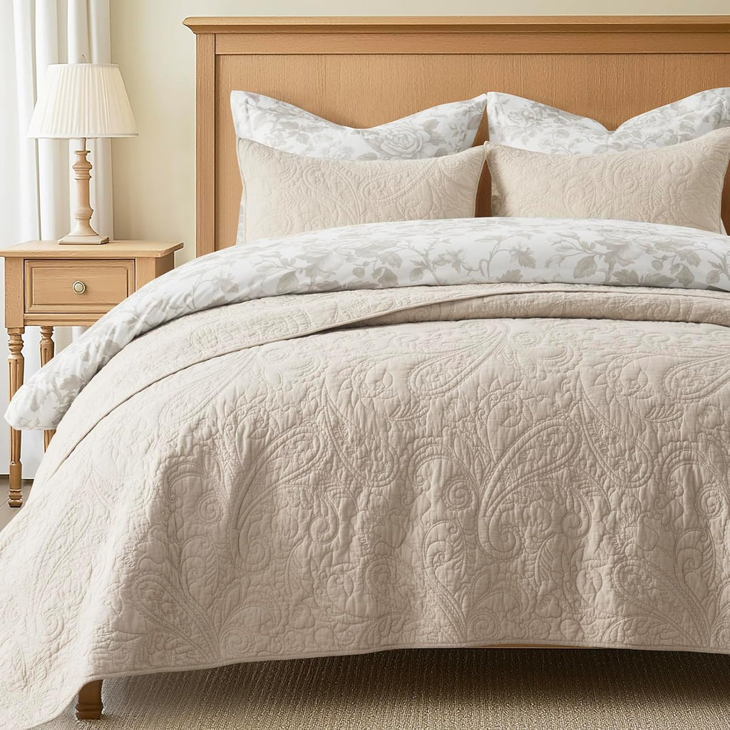 100% Cotton Paisley Quilt Set, King 3 Piece Set - Prewashed Lightweight Bedspread with 2 Shams, Soft & Breathable