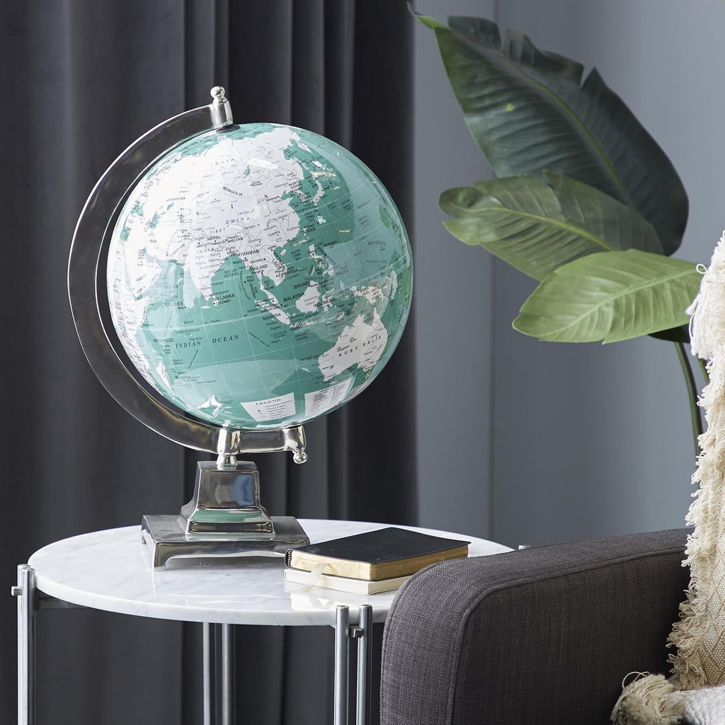 Aluminum Metal Educational/Geographic Earth Globe, Desk Globe 12" x 12" x 18", Teal