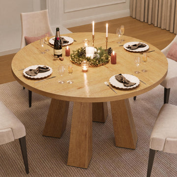 47" Round Dining Table for 4-6, Farmhouse Wood Kitchen Table