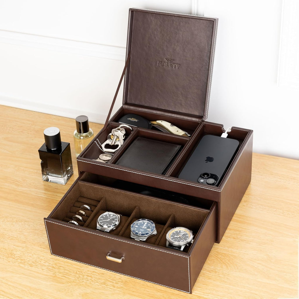 Mens Jewelry Box Organizer & Dresser Valet Tray - Premium Nightstand Station for Watches, Rings, and Accessories