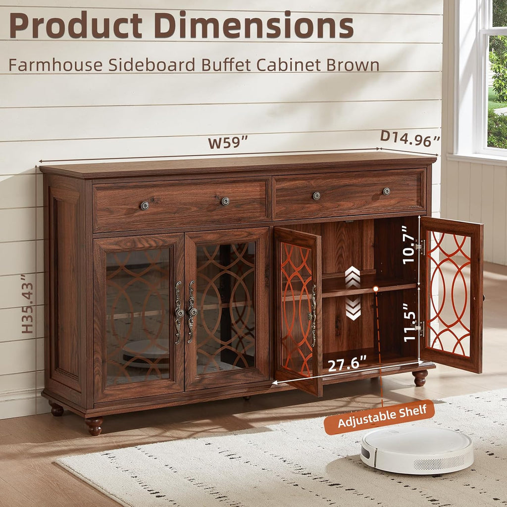 Farmhouse Sideboard Buffet Cabinet with Storage,59" Large Credenza with 4 Glass Doors & 2 Drawers,Adjustable Shelves
