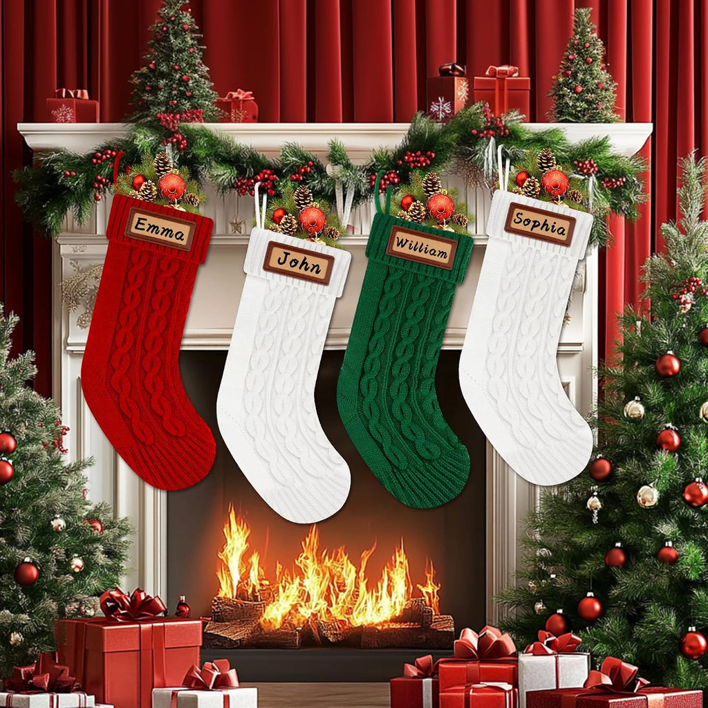 Knitted: 18'' Large Knit Family Name with Leather Patches White Red Green Bulk Xmas Stocking Hanging - Set of 4