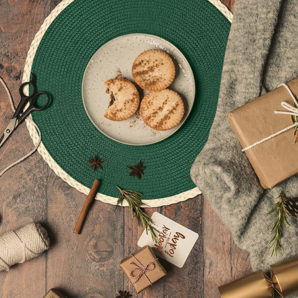 Round Placemats Set of 6, Woven Table Mats, Thin Edge, Pine Green