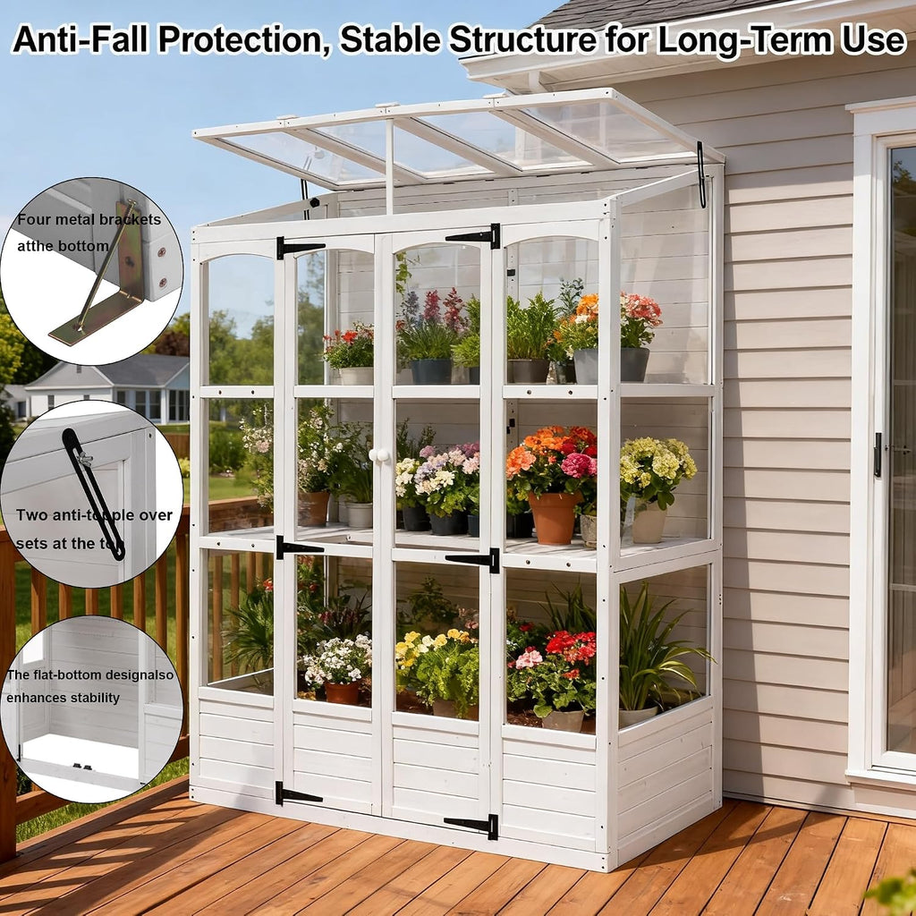 78 Inch Wooden Greenhouse with Walk-in Design, White | White fir wood, outdoor garden, walk-in design, polycarbonate