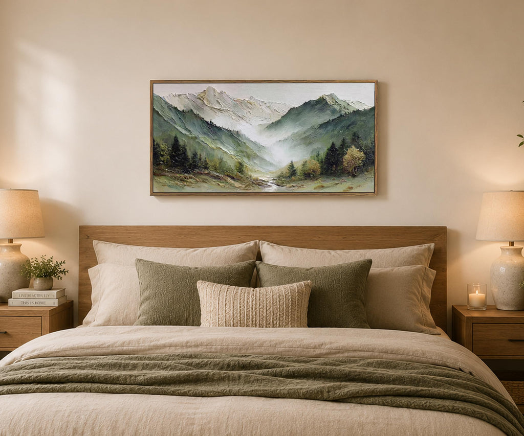 Large Framed Mountain Landscape Wall Art with Wooden Frame, Misty Forest Valley Nature Canvas Painting, Rustic Nature