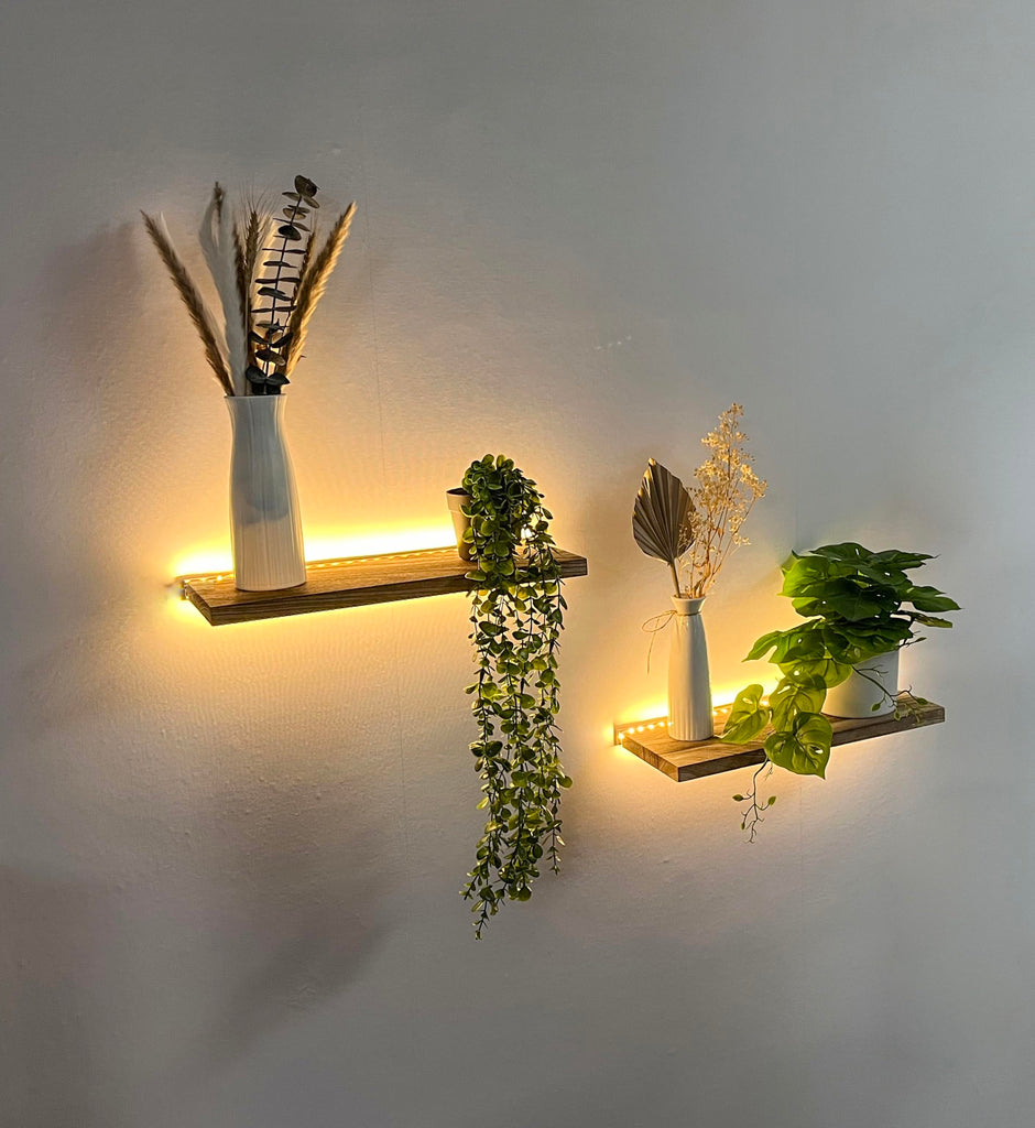 Floating Shelves for Wall Decor Wood Wall Mounted Shelves with LED Lights Set of 2, Sturdy Rustic Wood Shelves