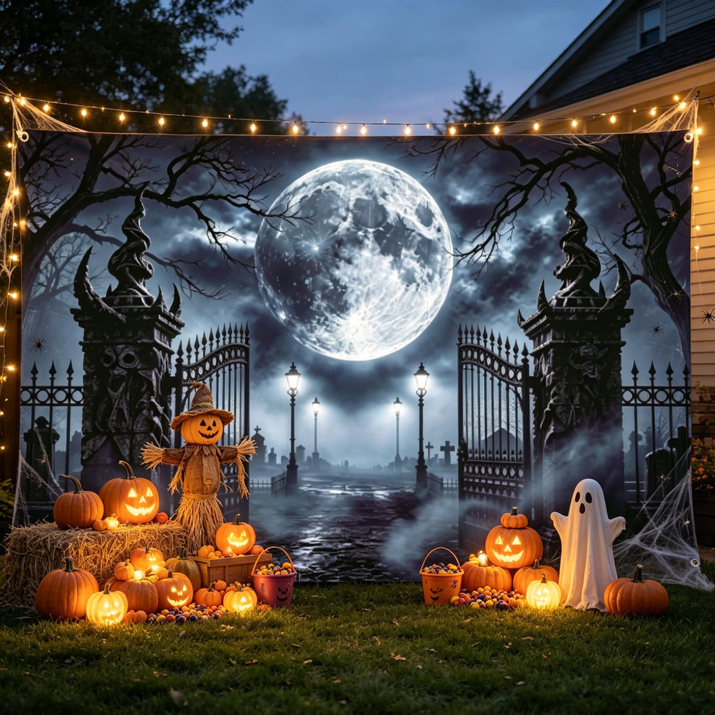 Halloween Backdrop 8x6FT with Spider Web Kit, Graveyard Cemetery Banner