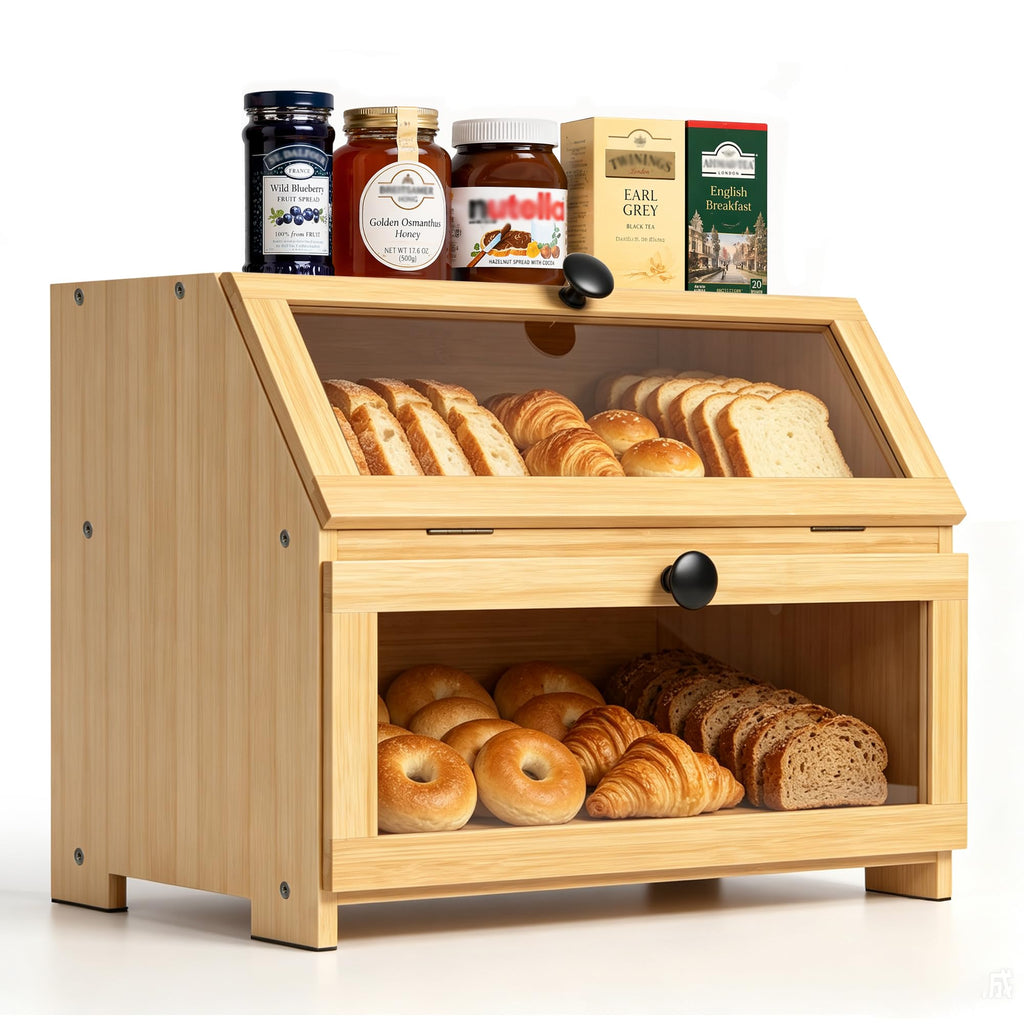 Bamboo Countertop, Large Bread Storage Container Bin 2 Layer Breadbox Holder Counter, Cabinet, Pantry, Cupboard