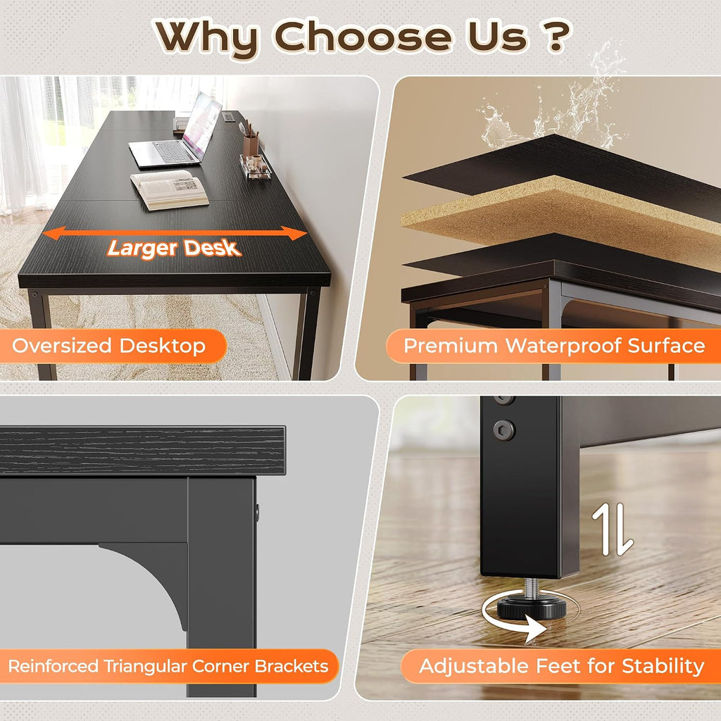 63 x 24 inch Desk with Power Outlets & USB-C, Deeper & Thicker Desktop, Robust Metal Tubes, Computer Desk, Heavy Duty