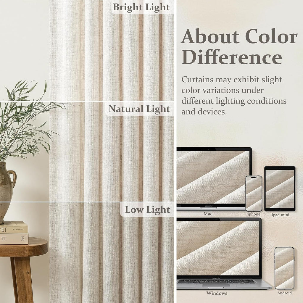 Birch Thick Linen 50 Inch Wide Viral Curtains 90 Inches Long for Sliding Glass Doors 2 Panels Set, Memory Shape Pinch
