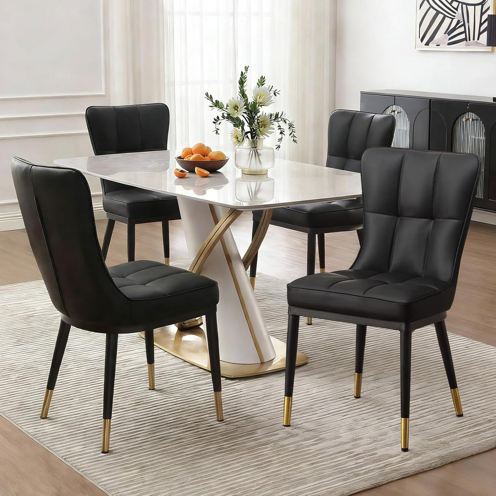 Modern Dining Chairs Set of 4, PU Leather Upholstered Kitchen Chairs with Thickened Seat, Metal Legs and Armless Design, Black