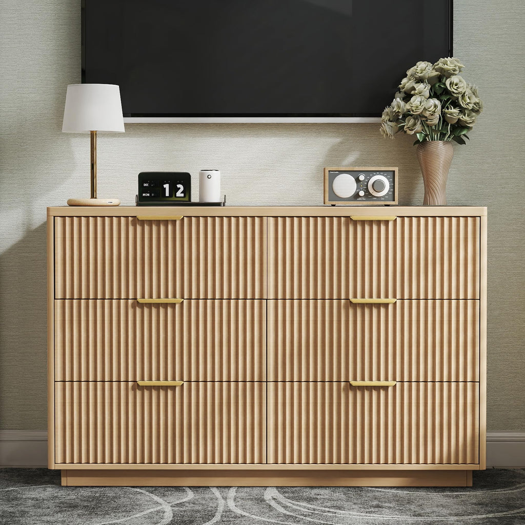 Fluted 6 Drawer Dresser, 47" W Modern Chest of Drawers with Metal Handles, Wood Dresser TV Stand, Closet Dresser
