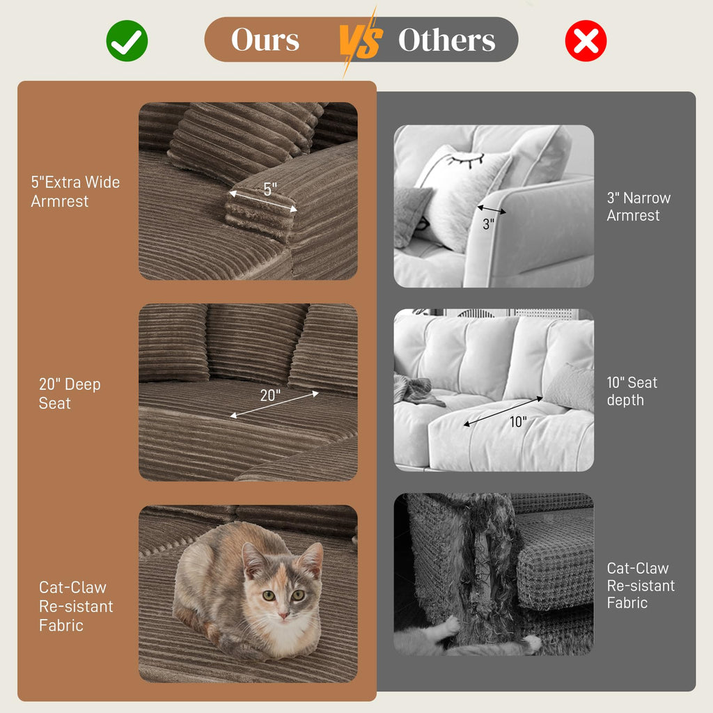 85" L Shaped Cloud Boneless Sectional Couches, Modern Comfy Modular Deep Seat Memory Foam Compressed Corduroy Sofa
