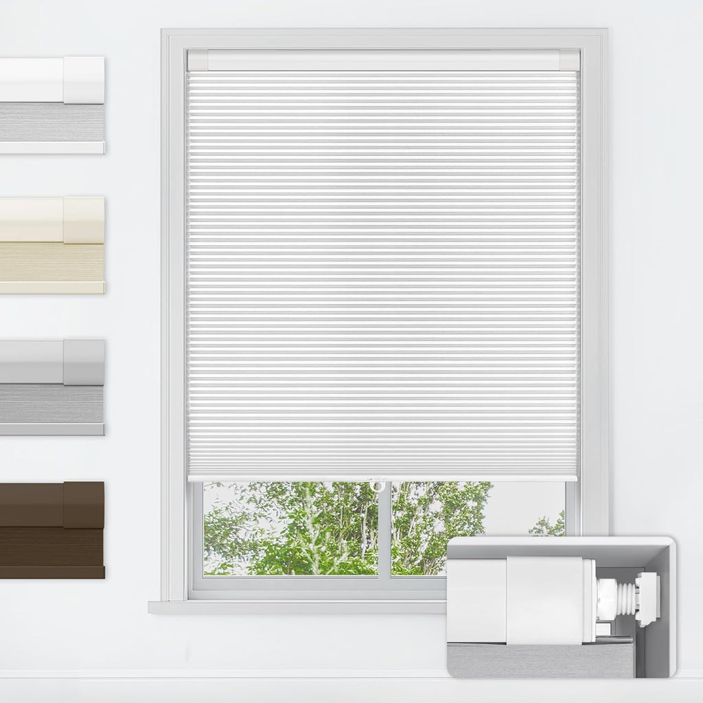 No Drill Cordless Cellular Shades, White | Blackout Fabric Protects Privacy, With Thermal Insulation & Noise