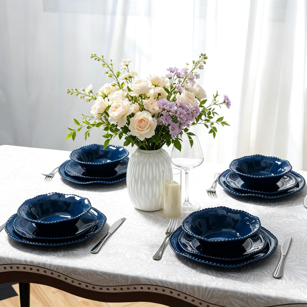 12 Piece Melamine Beaded Dinnerware Set, Service for 4, Dark Blue