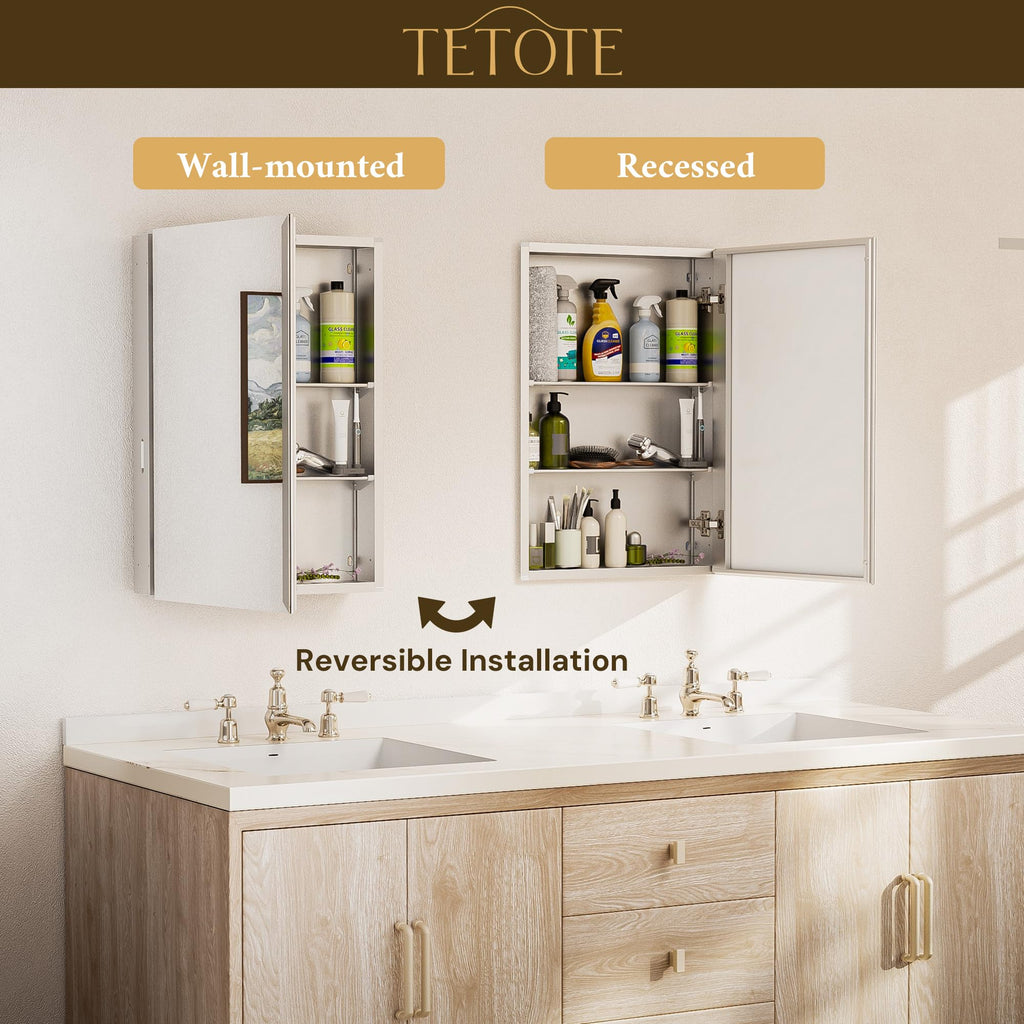 15 x 26 Bathroom Mirror with Storage with Tempered Beveled Mirror Silver Medicine Cabinet Aluminum Cabinet DTC