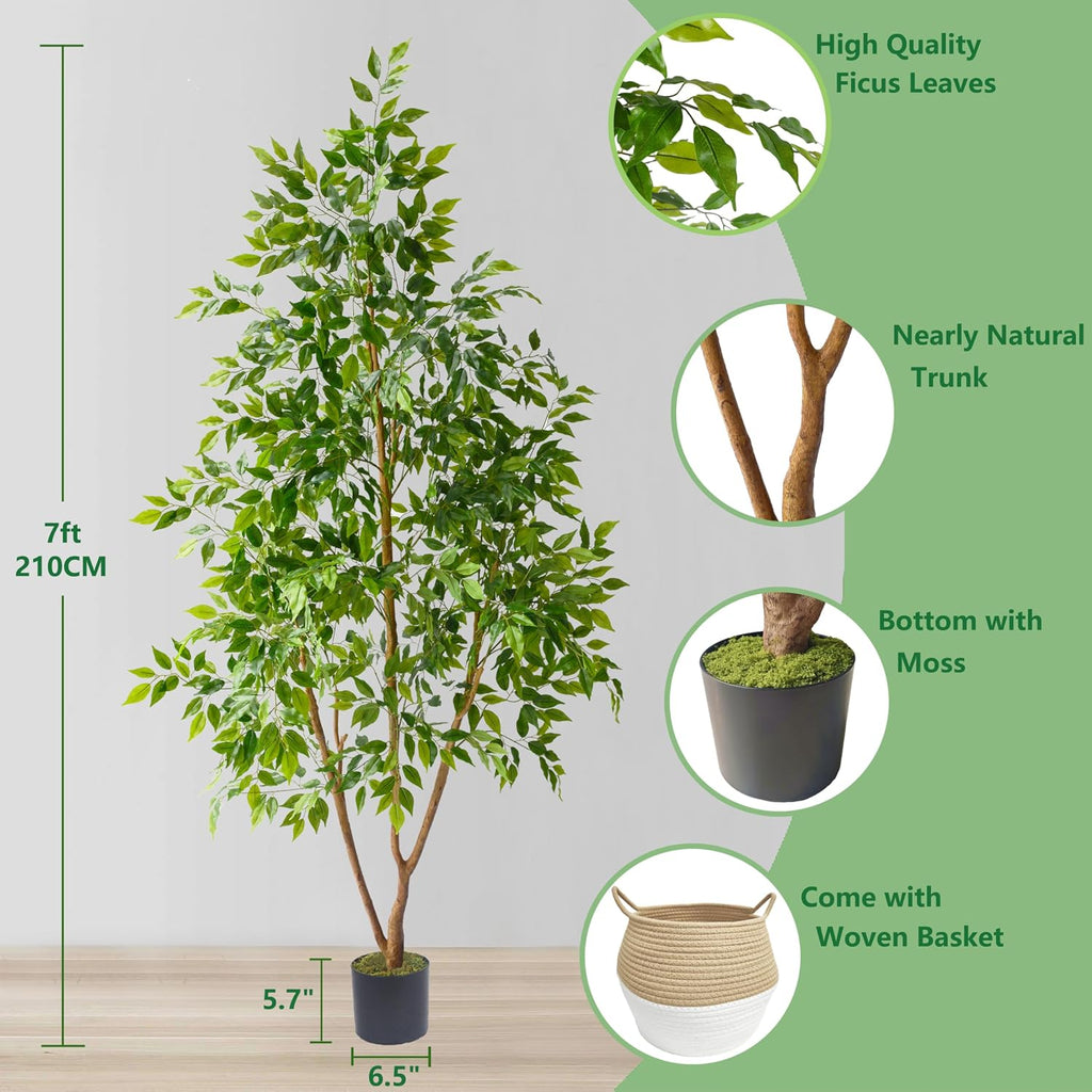 Artificial Ficus Tree 7ft Tall Fake Plant with Basket